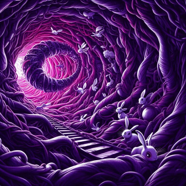 a dark purple rabbit hole with tiny rabbits