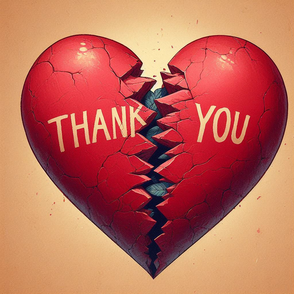 a red broken heart with the word thank you