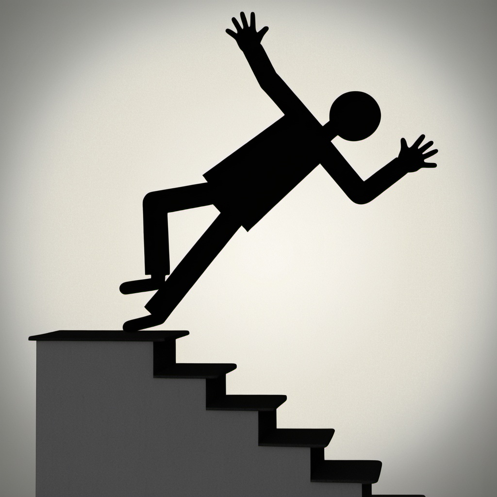 a shadow figure taking a tumble down the steps. Open AI