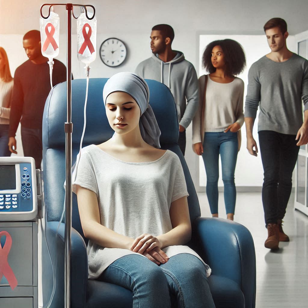 AI generated. A person sitting in a chair with a group of people in the background.