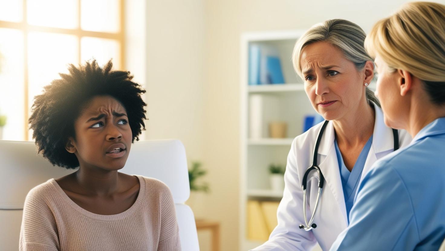A young person with curly hair looks concerned while sitting in a doctors office. Two doctors, one older with a stethoscope and one younger, appear to be discussing something important. The atmosphere encourages the patient to speak up and self-advocate for their health amidst the shelves and window in the background.