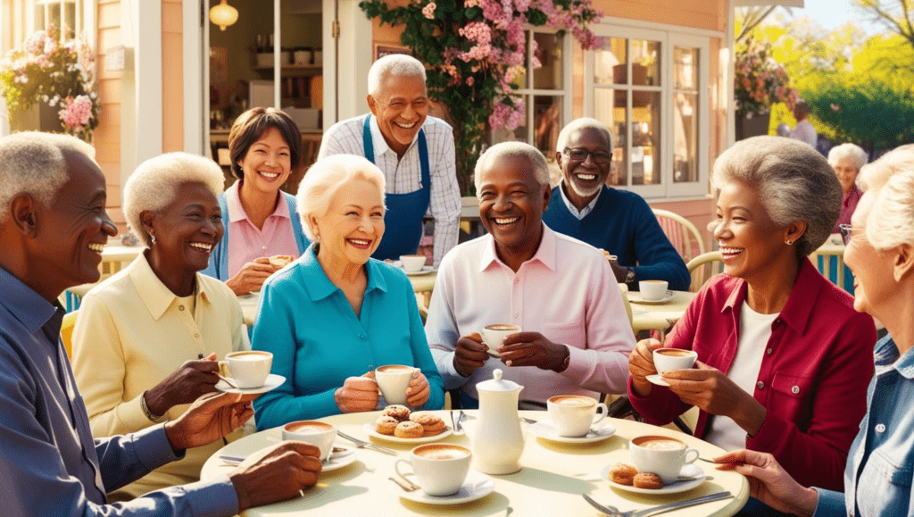 A group of senior citizens enjoying coffee and pastries at an outdoor café share smiles and lively conversations, nurturing their mental health under the sunny sky. The scene is complemented by colorful flowers and a charming café facade.