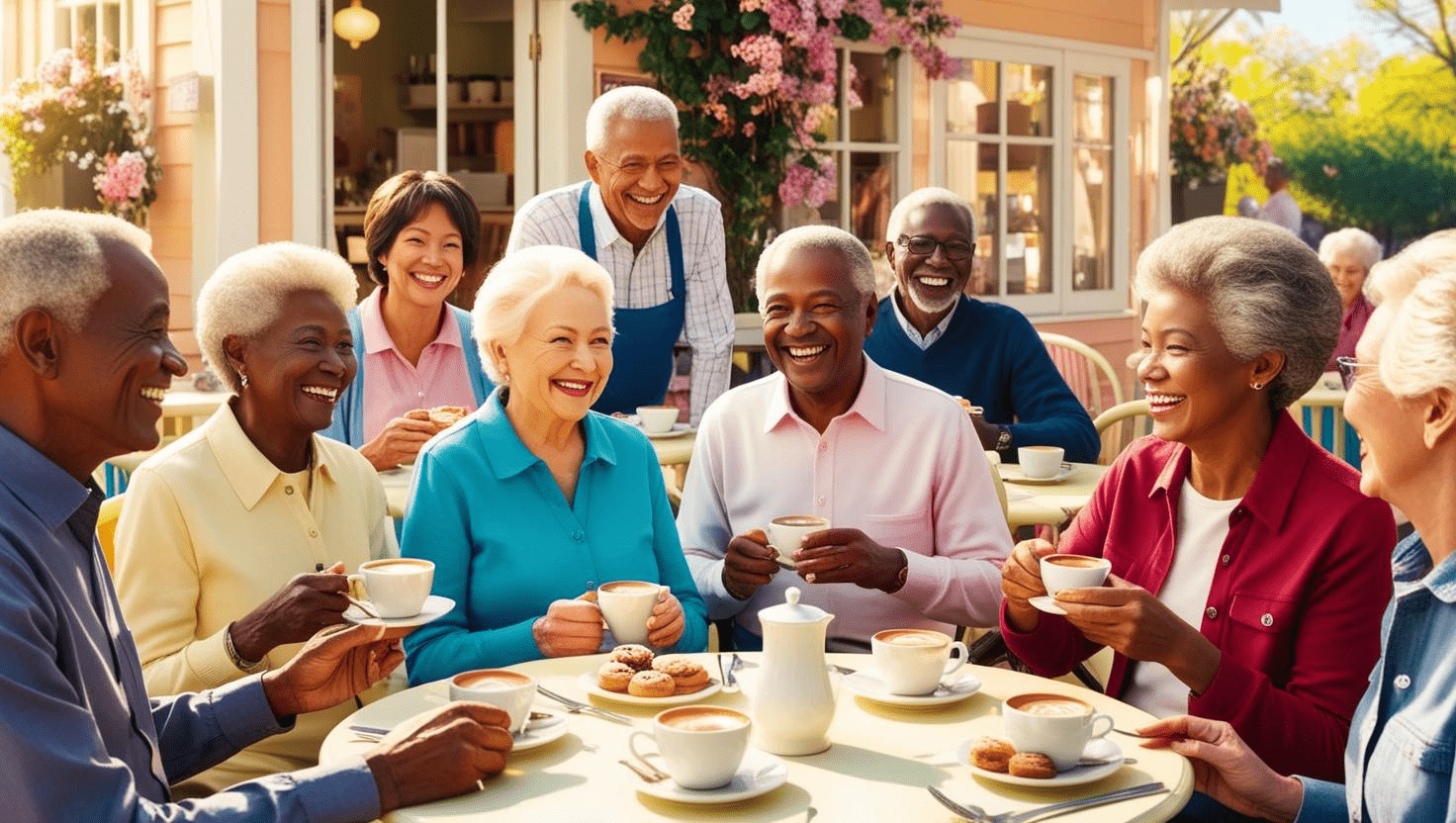 A group of senior citizens enjoying coffee and pastries at an outdoor café share smiles and lively conversations, nurturing their mental health under the sunny sky. The scene is complemented by colorful flowers and a charming café facade.