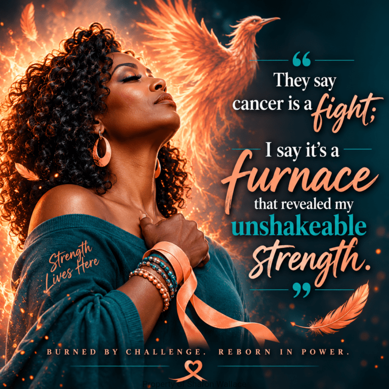 A dramatic inspirational graphic featuring a majestic phoenix rising from glowing flames against a dark teal background, symbolizing resilience, hope, and renewal. On the right, the quote reads: “They say cancer is a fight; I say it’s a furnace that revealed my unshakeable strength.” The words "fight," "furnace," and "strength" are highlighted in a warm peach tone, while "unshakeable" appears in vibrant teal for emphasis. Floating peach feathers and glowing embers frame the composition. Centered near the bottom is the Radient Resilience™ logo featuring a peach awareness ribbon and teal typography. Beneath the logo is the tagline: “Burned by Challenge. Reborn in Power.” The overall design uses deep teal, fiery orange, and peach tones to convey courage, endurance, and empowerment for those impacted by cancer.