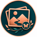 Images button featuring layered photo frames with a scenic landscape and butterfly accent on a deep teal circular background with a peach border. Opens the Radient Resilience image gallery.