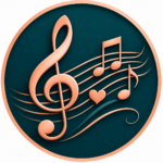 Circular Music button with a peach treble clef, musical notes, and staff lines on a deep teal background. Opens the Radient Resilience music collection.