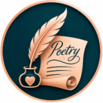 Poetry button featuring a peach quill, ink bottle, and parchment scroll on a deep teal circular background. Opens the Radient Resilience poetry collection.