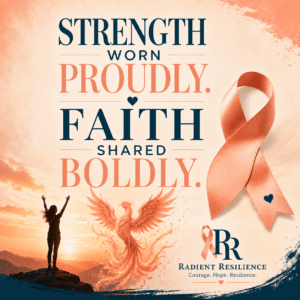 a peach background displaying a woman standing on a hill in triumph with a peach ribbon and the text Strength worn proudly. Faith shared boldly
