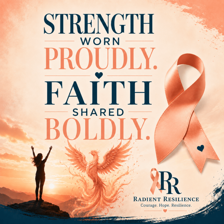 a peach background displaying a woman standing on a hill in triumph with a peach ribbon and the text Strength worn proudly. Faith shared boldly