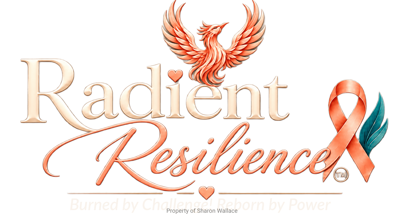 Radient Resilience™ logo featuring a peach phoenix rising above cream and peach lettering on a deep teal background, alongside a peach endometrial cancer awareness ribbon with teal leaves. The design includes the message, “Burned by Challenge! Reborn by Power!” in bold white text.