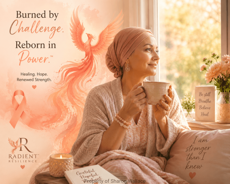A cancer fighter enjoying a peaceful moment of self-care near a sunlit window, holding a warm cup of tea as a peach ribbon and phoenix symbolize Radient Resilience™, healing, hope, and renewed strength.