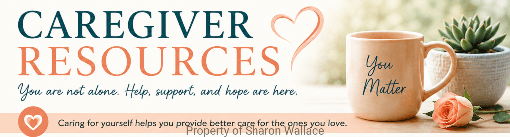 Caregiver Resources banner featuring large teal and peach typography with the message "You are not alone. Help, support, and hope are here." A peach heart outline appears above a cozy peach coffee mug that reads "You Matter," beside a succulent plant and peach rose. Below, a soft peach banner states, "Caring for yourself helps you provide better care for the ones you love."