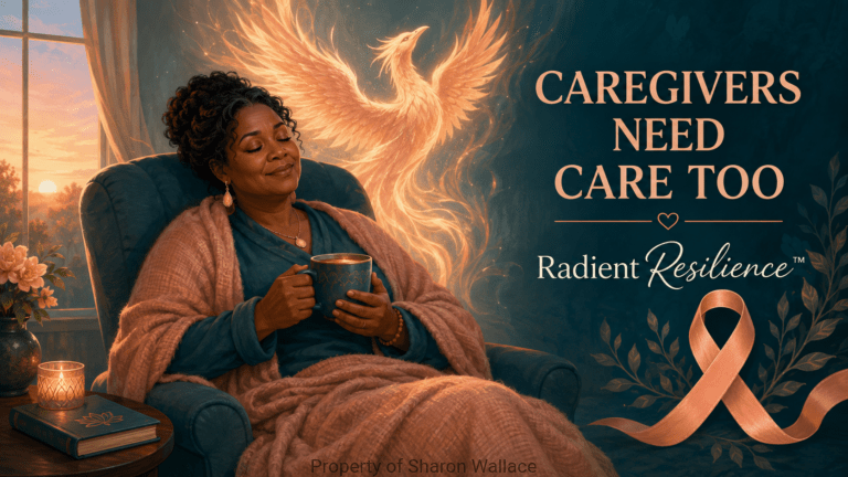 A Black woman caregiver rests peacefully with a warm drink as a glowing phoenix rises behind her. A peach awareness ribbon and Radient Resilience™ branding complete the deep-teal and peach design.