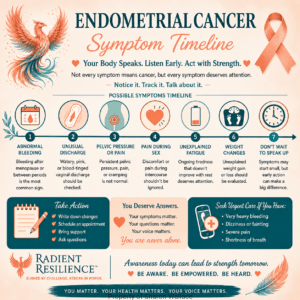endometrial cancer symptom timeline infographic featuring a peach awareness ribbon and phoenix. It highlights abnormal bleeding, unusual discharge, pelvic pressure or pain, pain during sex, fatigue, weight changes, and the importance of speaking up about symptoms, with reminders to track changes, seek medical care, ask questions, and advocate for your health.