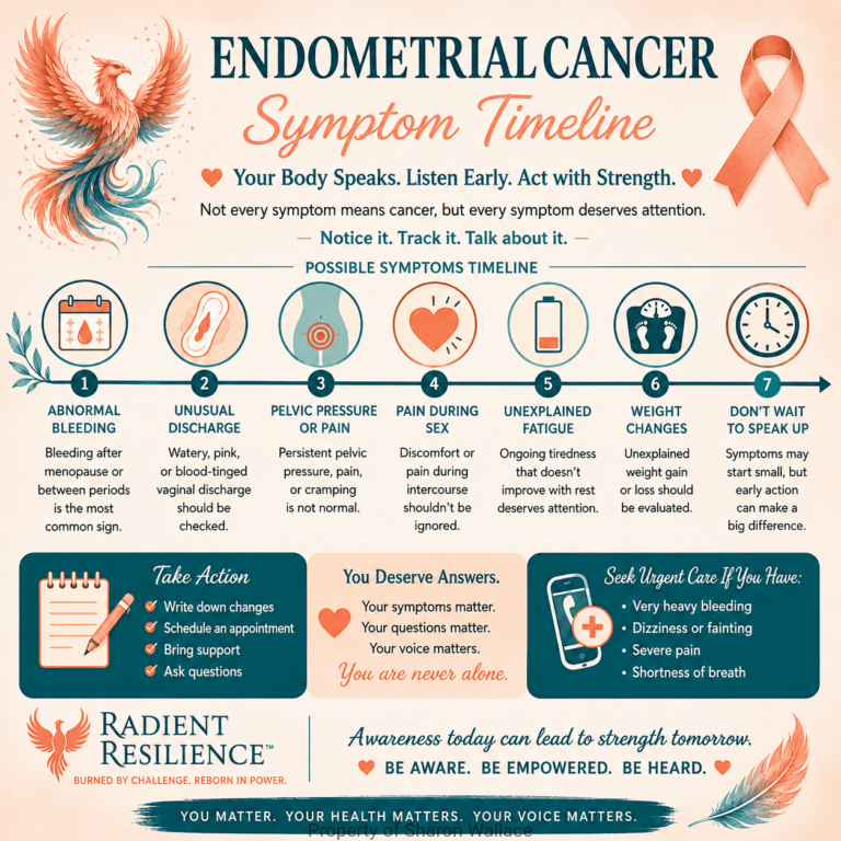 endometrial cancer symptom timeline infographic featuring a peach awareness ribbon and phoenix. It highlights abnormal bleeding, unusual discharge, pelvic pressure or pain, pain during sex, fatigue, weight changes, and the importance of speaking up about symptoms, with reminders to track changes, seek medical care, ask questions, and advocate for your health.
