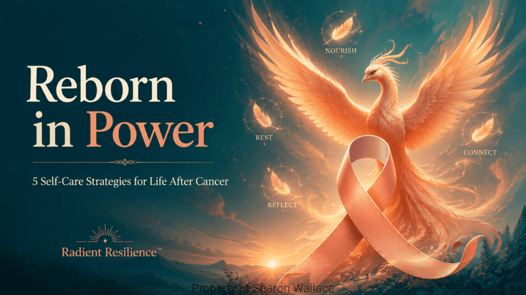 Inspirational Radient Resilience™ graphic featuring a glowing peach phoenix rising behind a peach cancer-awareness ribbon against a deep teal sunrise. Text reads, “Reborn in Power: 5 Self-Care Strategies for Life After Cancer.”