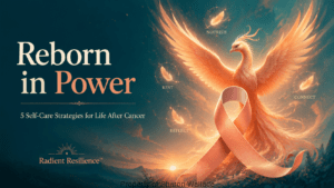 Inspirational Radient Resilience™ graphic featuring a glowing peach phoenix rising behind a peach cancer-awareness ribbon against a deep teal sunrise. Text reads, “Reborn in Power: 5 Self-Care Strategies for Life After Cancer.”