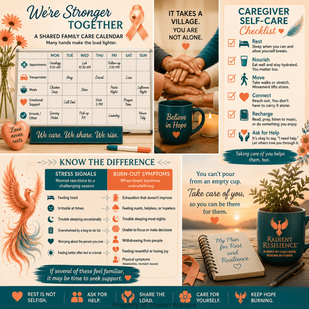 caregiver support collage in peach and teal featuring a shared family care calendar, hands joined in support, a caregiver self-care checklist, and a chart comparing everyday stress signals with burnout symptoms. A phoenix, peach awareness ribbon, journal, and “Believe in Hope” mug reinforce reminders to rest, ask for help, share the load, practice self-care, and keep hope burning.