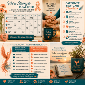 caregiver support collage in peach and teal featuring a shared family care calendar, hands joined in support, a caregiver self-care checklist, and a chart comparing everyday stress signals with burnout symptoms. A phoenix, peach awareness ribbon, journal, and “Believe in Hope” mug reinforce reminders to rest, ask for help, share the load, practice self-care, and keep hope burning.