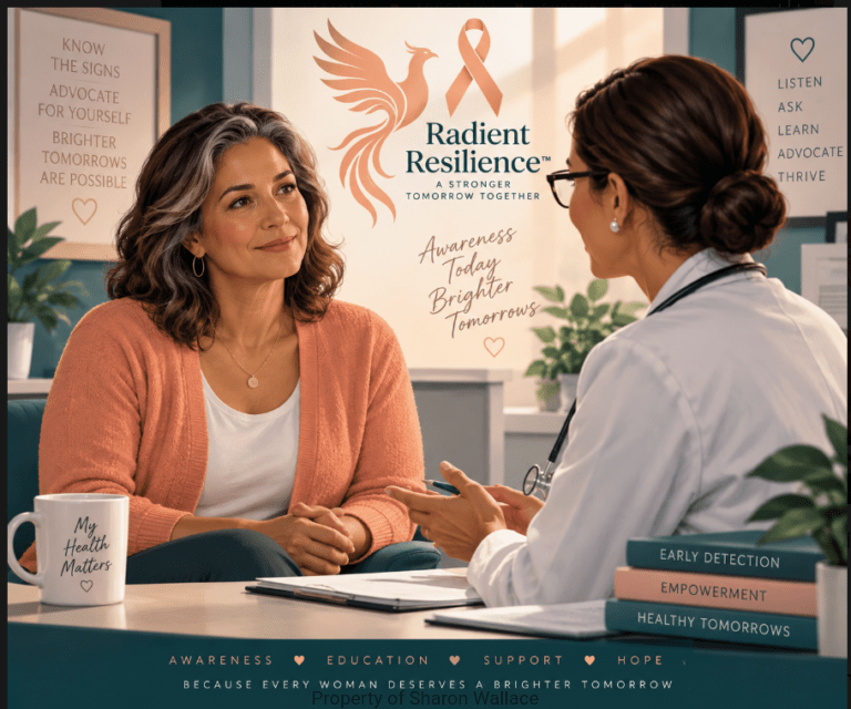 semi-realistic illustration of a woman in a peach cardigan talking with a female healthcare provider in a softly lit doctor's office. Deep teal, peach and cream accents surround them. A peach phoenix and awareness ribbon appear beside the Radient Resilience™ name, with messages encouraging women to know the signs, listen, ask questions, learn and advocate for themselves.