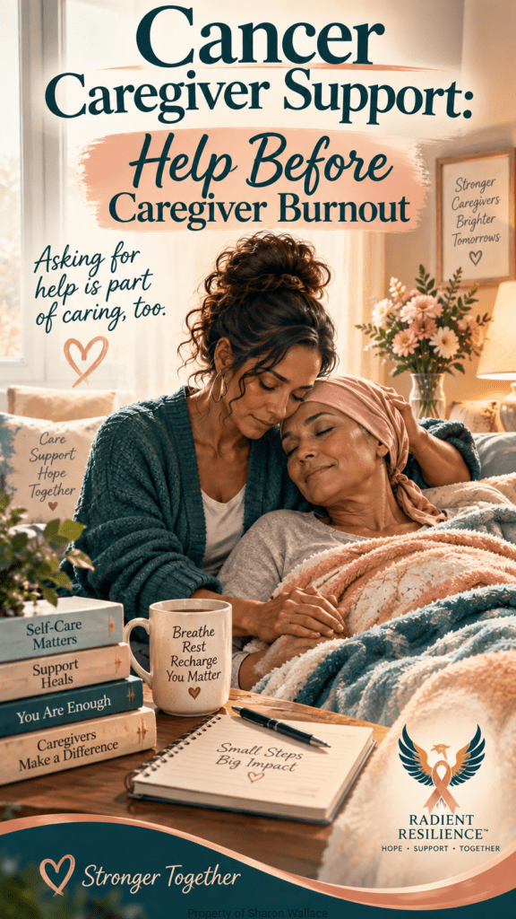 Warm editorial illustration of a tired but loving caregiver sitting beside a resting loved one in a calm home setting. Deep teal, warm peach, cream, and soft neutral tones create a peaceful atmosphere, with details like a blanket, tea, and journal emphasizing support and self-care.