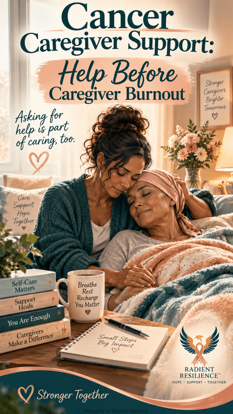 Warm editorial illustration of a tired but loving caregiver sitting beside a resting loved one in a calm home setting. Deep teal, warm peach, cream, and soft neutral tones create a peaceful atmosphere, with details like a blanket, tea, and journal emphasizing support and self-care.