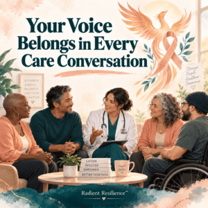 Healthcare advocacy graphic displaying the message, “Your Voice Belongs in Every Care Conversation.