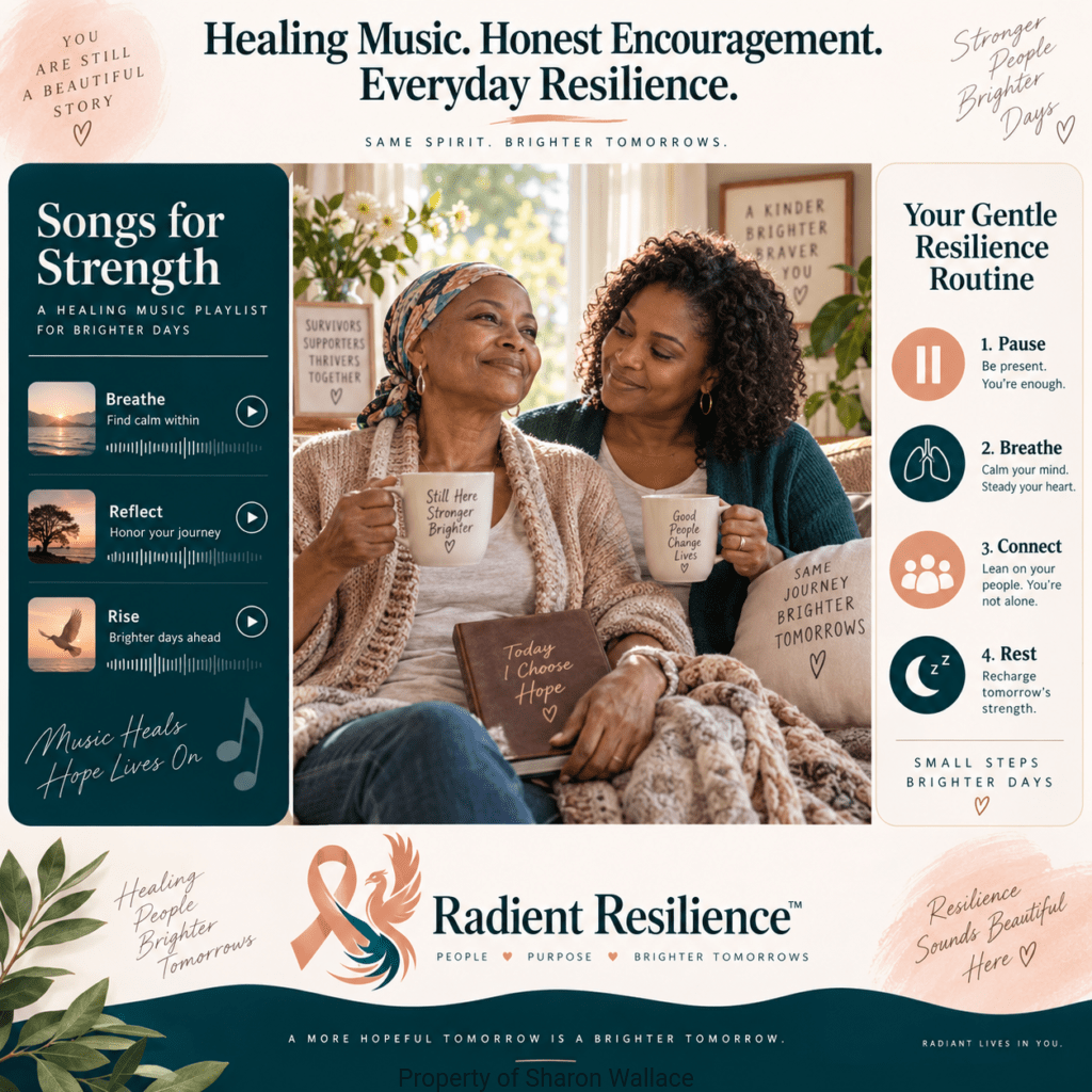 Radient Resilience™ graphic featuring a cancer survivor and caregiver sharing tea, alongside a calming healing-music playlist and a four-step resilience routine: pause, breathe, connect, and rest. Peach ribbon and phoenix branding appear in deep teal, peach, and cream.