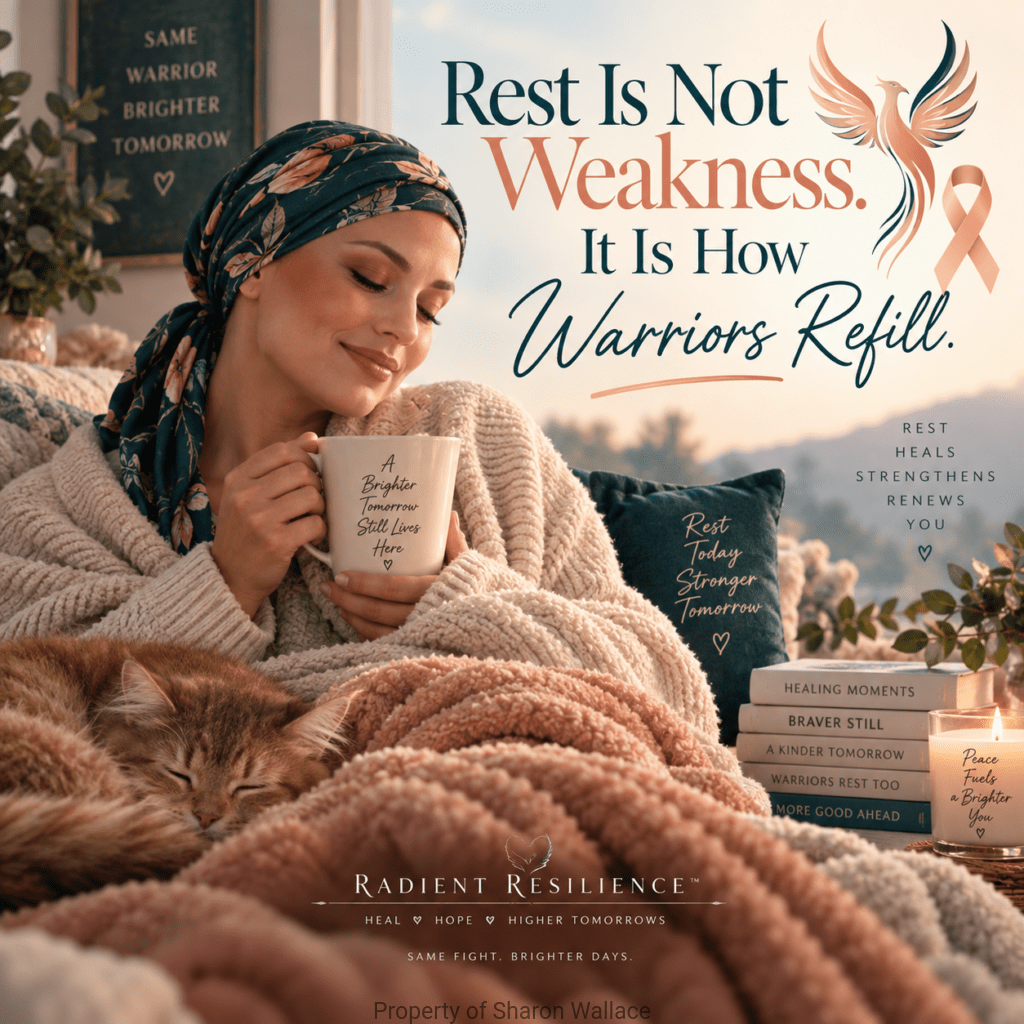 A stylized composite illustration centered on a serene-looking woman wearing a patterned headscarf, wrapped in cozy knit and fuzzy pink blankets, holding a white mug with the text "A Brighter Tomorrow Still Lives Here." Her eyes are closed, smiling peacefully. A fluffy ginger cat sleeps beside her. Below them, a small stack of books includes titles like "BRAVER STILL" and "WARRIORS REST TOO." A lit candle has text reading "Peace Fuels a Brighter You." The upper right text reads "Rest Is Not Weakness. It Is How Warriors Refill." Text below a ribbon reads "REST HEALS STRENGTHENS RENEWS YOU." The logo at the bottom is "RADIANT RESILIENCE™" with the tagline "HEAL ♡ HOPE ♡ HIGHER TOMORROWS." The art style is warm and textured.