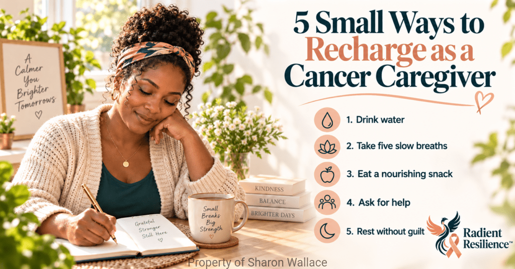 Warm graphic of an African American caregiver journaling beside a cup of tea. It lists five ways to recharge: drink water, take five slow breaths, eat a nourishing snack, ask for help, and rest without guilt. Radient Resilience™ peach, teal, and cream branding completes the design.