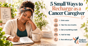 Warm graphic of an African American caregiver journaling beside a cup of tea. It lists five ways to recharge: drink water, take five slow breaths, eat a nourishing snack, ask for help, and rest without guilt. Radient Resilience™ peach, teal, and cream branding completes the design.